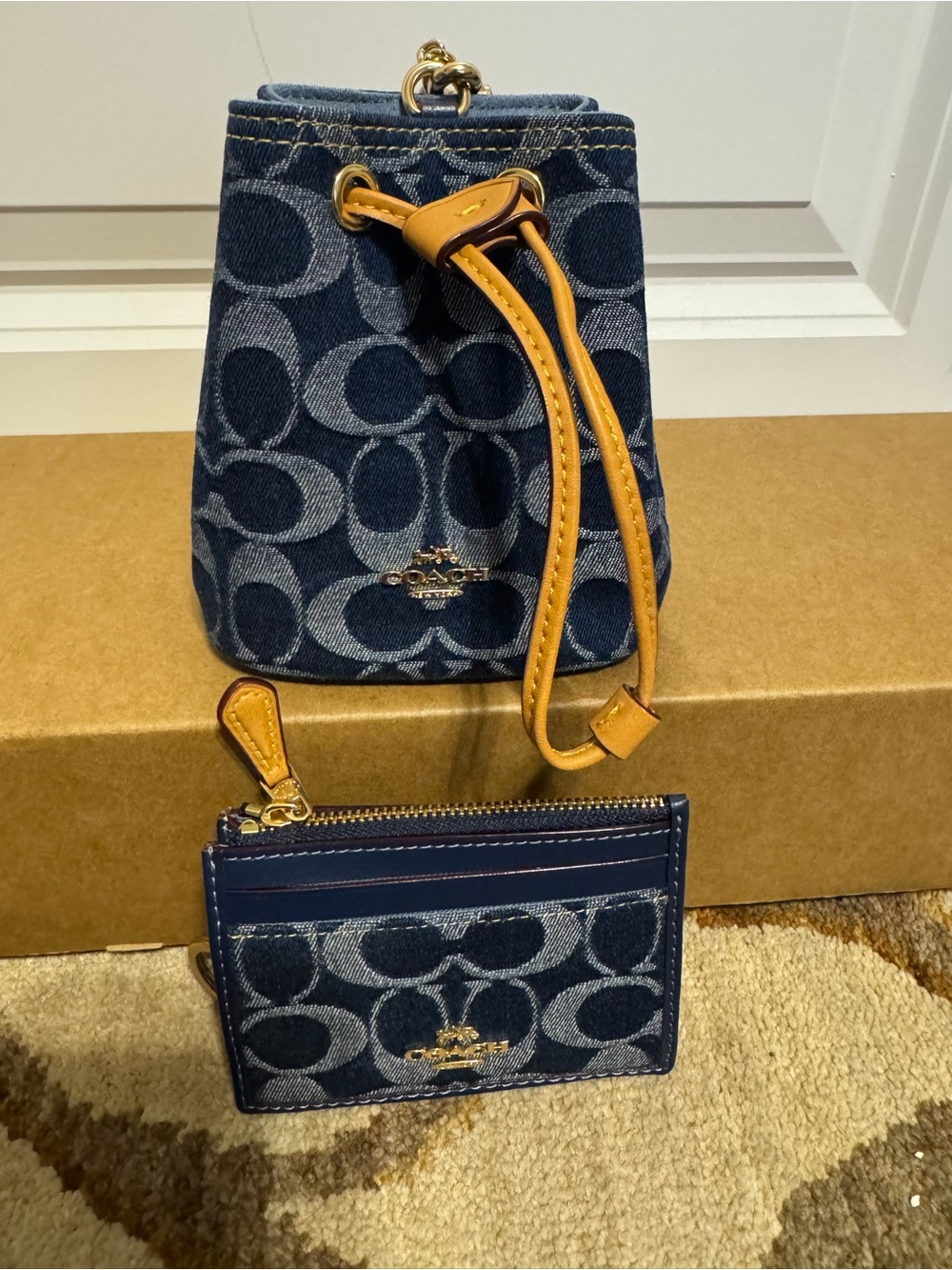 Coach Denim Mini Drawstring Bucket Bag with Card Case in Blue and Tan